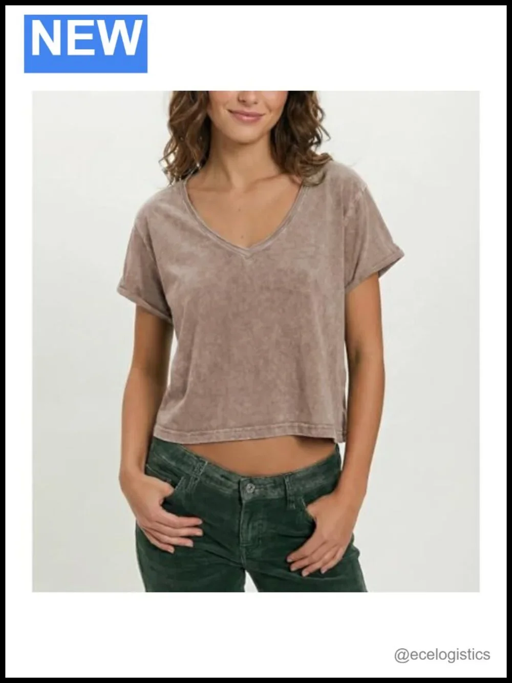 Cropped Acid Wash V Neck Short Sleeve Baggy Grunge Tee - Picture 3 of 6